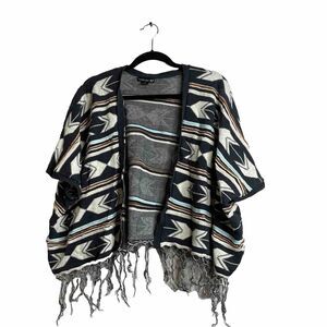 DOUBLE ZERO Womens Aztec Southwestern Cardigan Poncho Fringe Cotton Size Medium